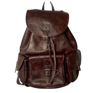 IVTG Vintage Brown Leather Backpack Drawstring Flap Boho Travel Bag